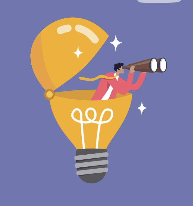 Illustratoin of businessperson with binoculars inside a yellow lightbulb